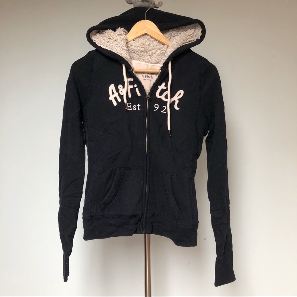 A&F fuzzy navy zip up hoodie